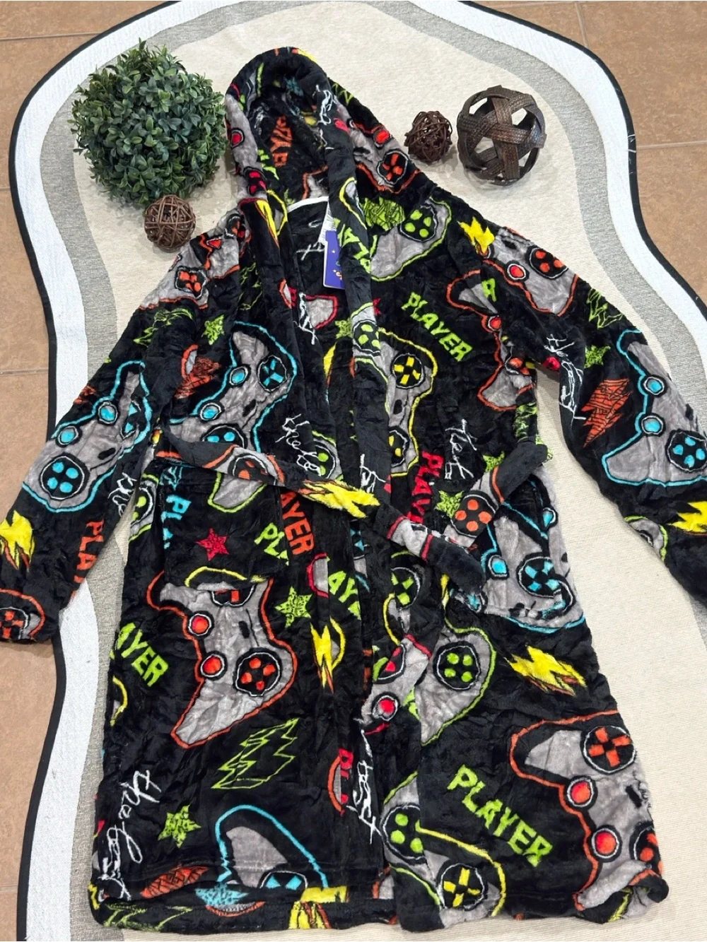 Kids' Black Gaming Controller Hooded Robe - Multi-Color Design